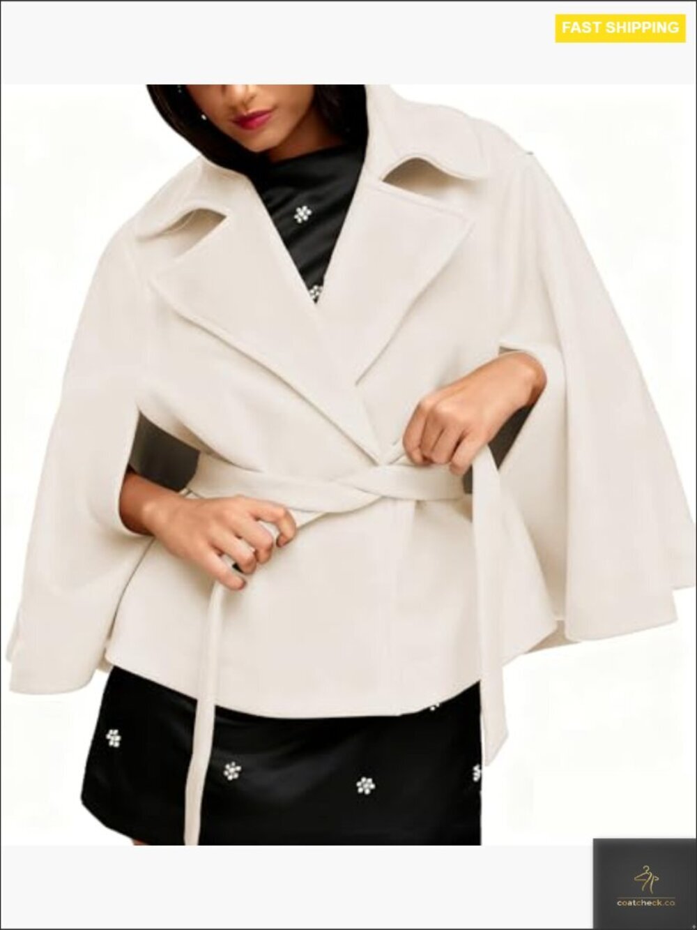 Wool Blend Cape Jacket Oversized Batwing Sleeve Peacoat Belted Chic Winter - Picture 4 of 7